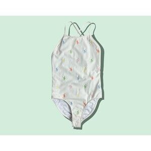 Polo Ralph Lauren Girls Allover Pony One-Piece Swimsuit  Size 10  White